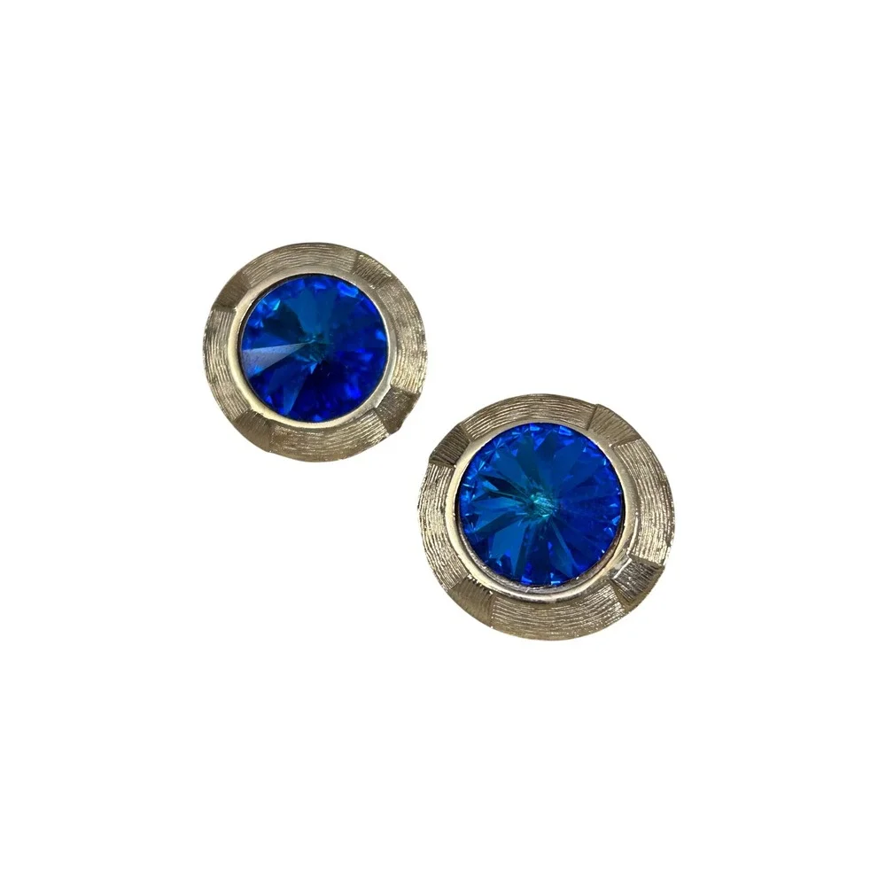Vintage Anson Cufflinks and Stud Tie Tack Set Gold‎ Tone Blue Rhinestone